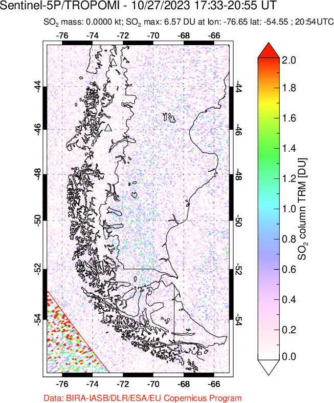 A sulfur dioxide image over Southern Chile on Oct 27, 2023.