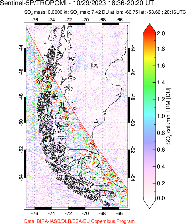 A sulfur dioxide image over Southern Chile on Oct 29, 2023.