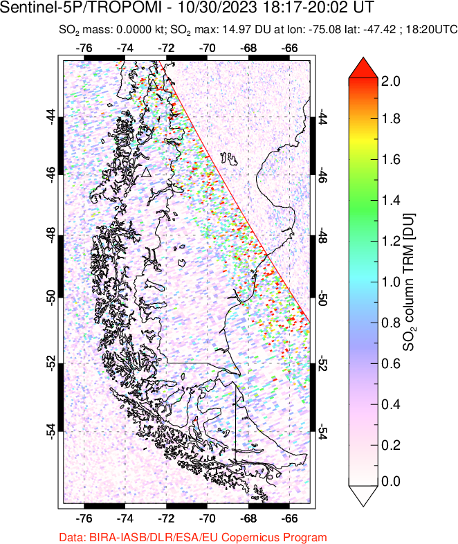 A sulfur dioxide image over Southern Chile on Oct 30, 2023.