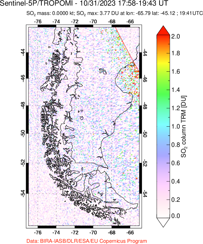 A sulfur dioxide image over Southern Chile on Oct 31, 2023.