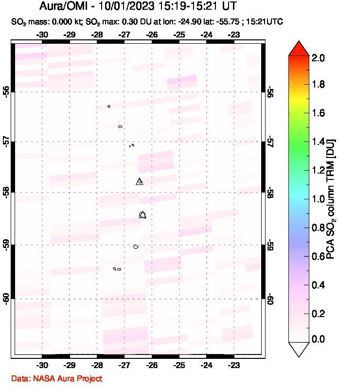 A sulfur dioxide image over South Sandwich Islands, South Atlantic on Oct 01, 2023.