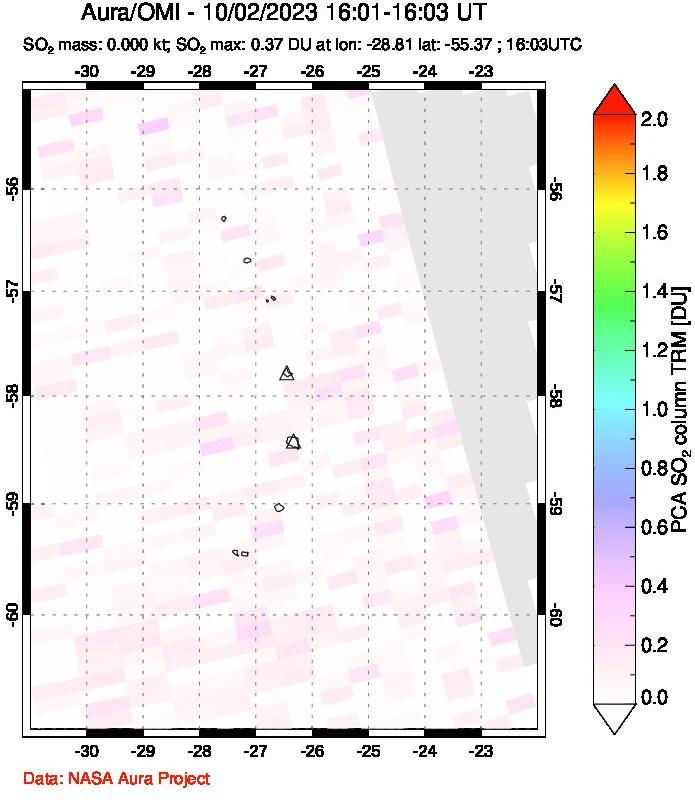 A sulfur dioxide image over South Sandwich Islands, South Atlantic on Oct 02, 2023.