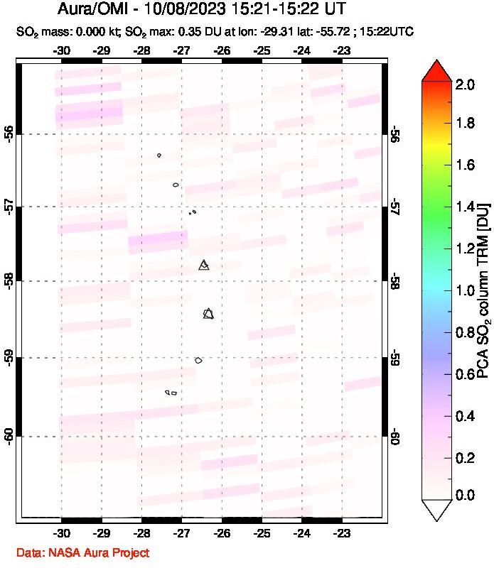 A sulfur dioxide image over South Sandwich Islands, South Atlantic on Oct 08, 2023.