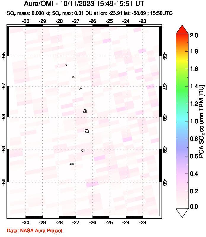 A sulfur dioxide image over South Sandwich Islands, South Atlantic on Oct 11, 2023.