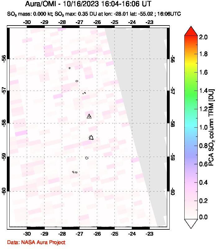 A sulfur dioxide image over South Sandwich Islands, South Atlantic on Oct 16, 2023.