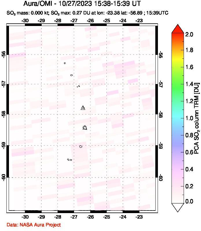 A sulfur dioxide image over South Sandwich Islands, South Atlantic on Oct 27, 2023.