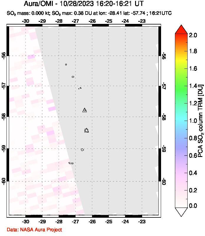 A sulfur dioxide image over South Sandwich Islands, South Atlantic on Oct 28, 2023.