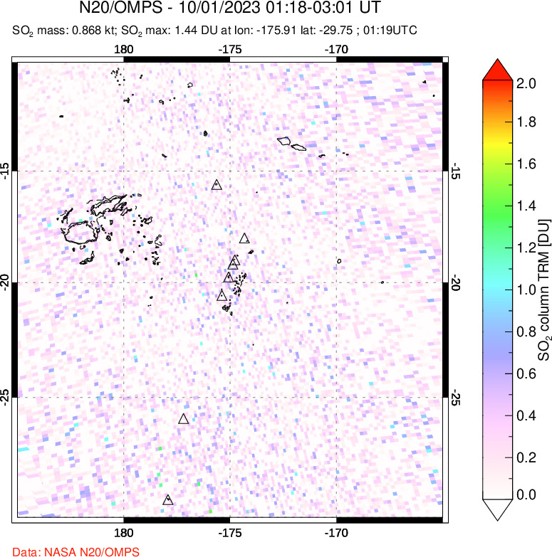 A sulfur dioxide image over Tonga, South Pacific on Oct 01, 2023.