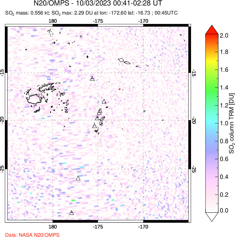 A sulfur dioxide image over Tonga, South Pacific on Oct 03, 2023.