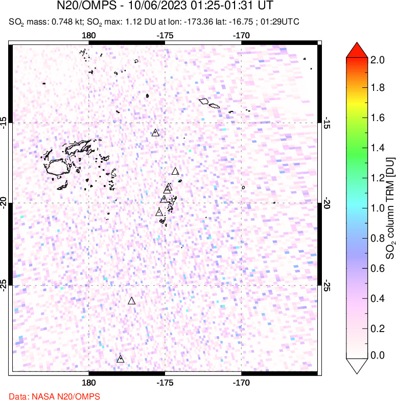 A sulfur dioxide image over Tonga, South Pacific on Oct 06, 2023.