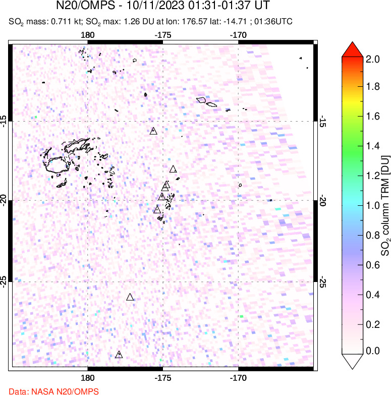 A sulfur dioxide image over Tonga, South Pacific on Oct 11, 2023.