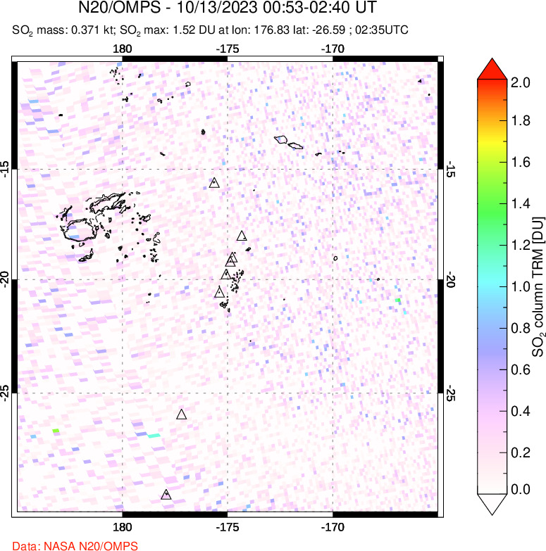 A sulfur dioxide image over Tonga, South Pacific on Oct 13, 2023.