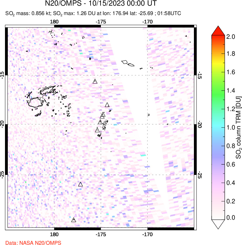 A sulfur dioxide image over Tonga, South Pacific on Oct 15, 2023.