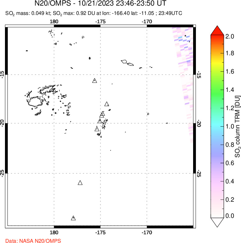 A sulfur dioxide image over Tonga, South Pacific on Oct 21, 2023.