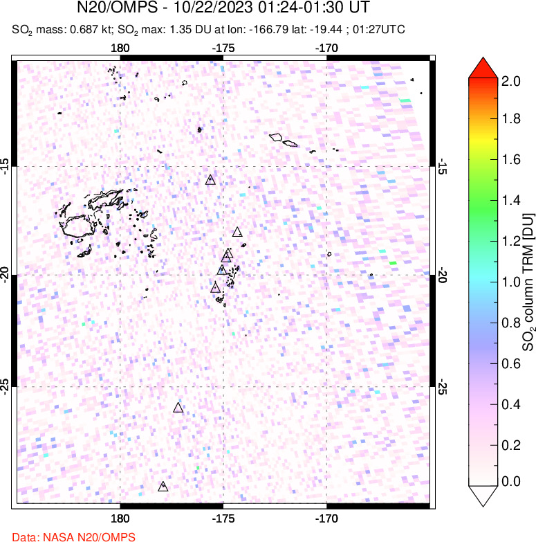 A sulfur dioxide image over Tonga, South Pacific on Oct 22, 2023.