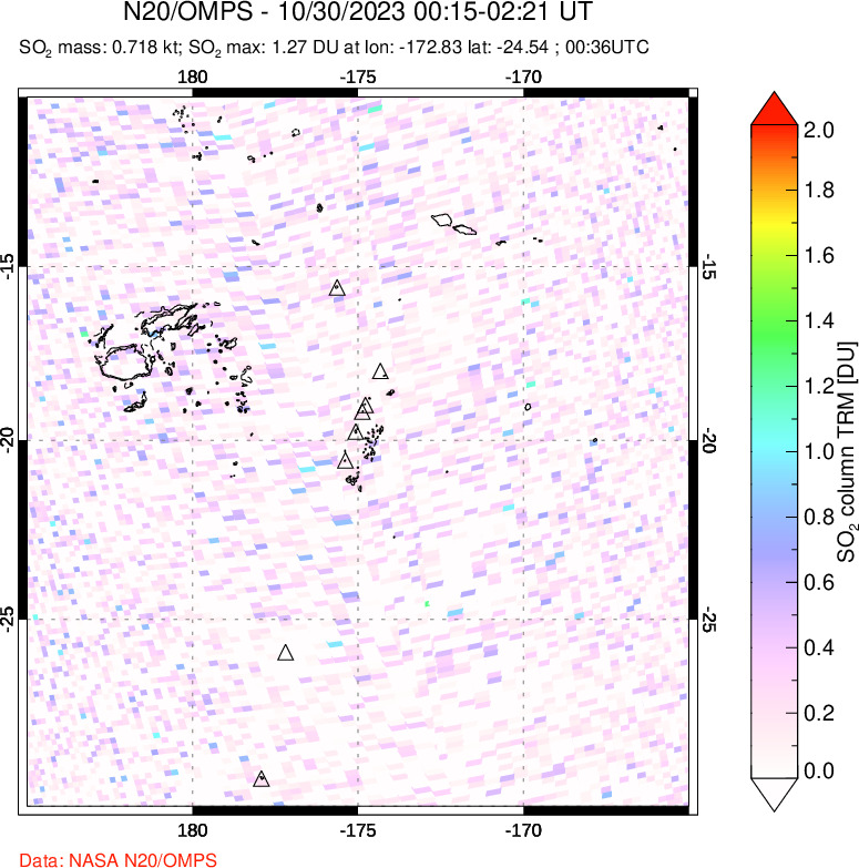 A sulfur dioxide image over Tonga, South Pacific on Oct 30, 2023.