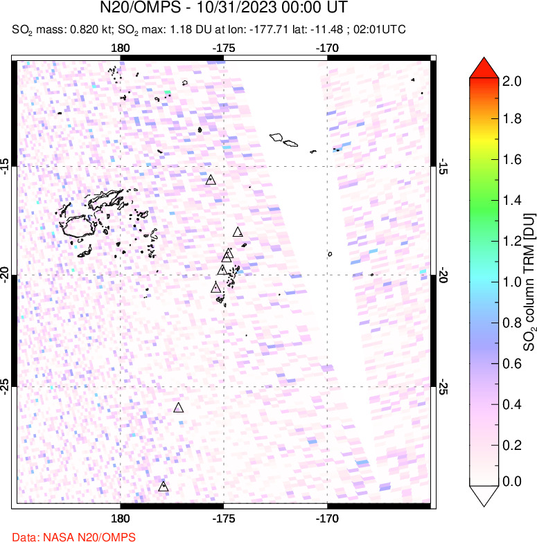 A sulfur dioxide image over Tonga, South Pacific on Oct 31, 2023.