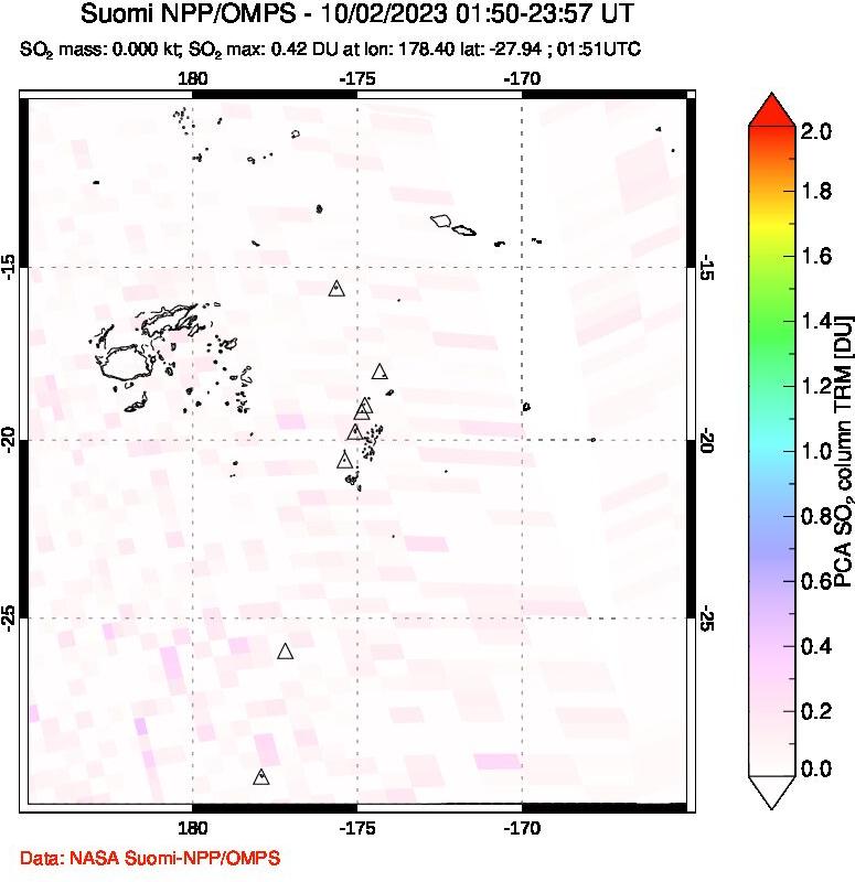 A sulfur dioxide image over Tonga, South Pacific on Oct 02, 2023.