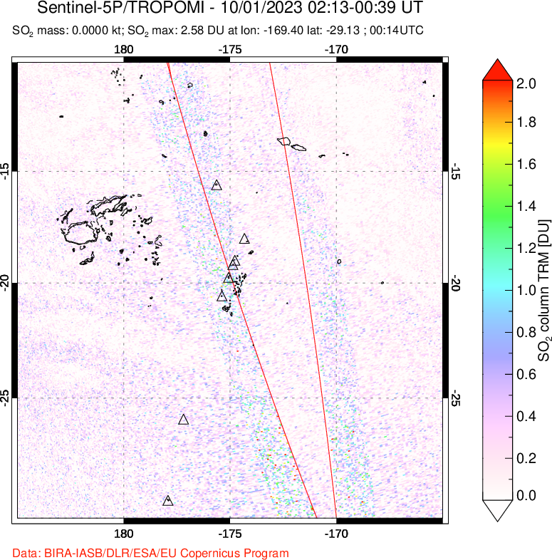 A sulfur dioxide image over Tonga, South Pacific on Oct 01, 2023.