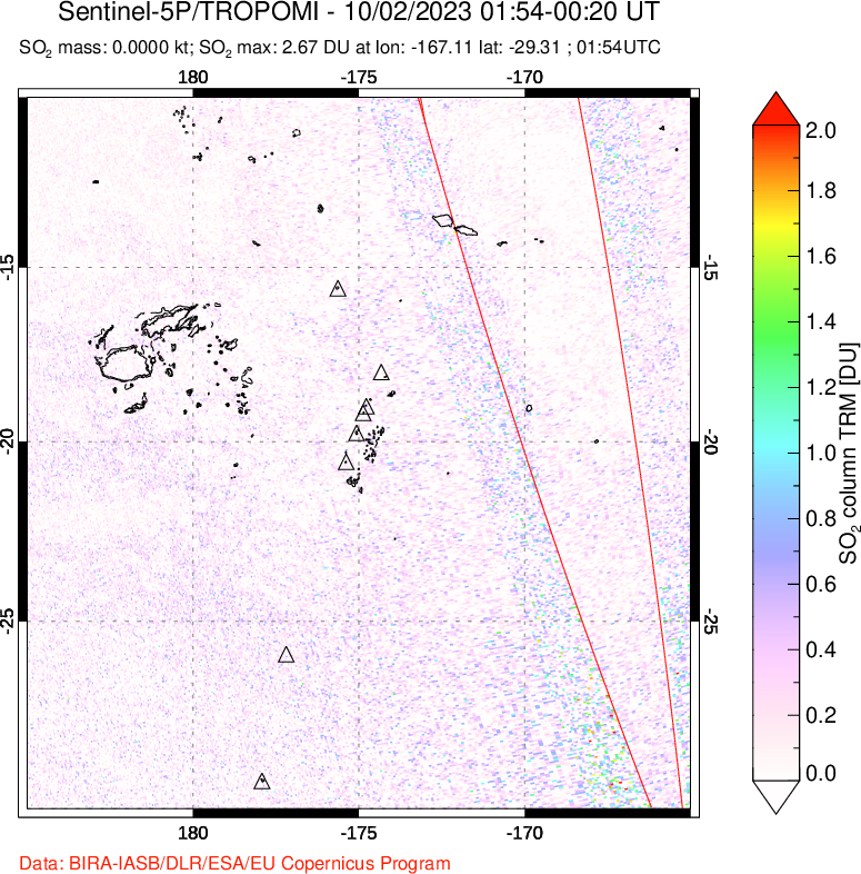 A sulfur dioxide image over Tonga, South Pacific on Oct 02, 2023.