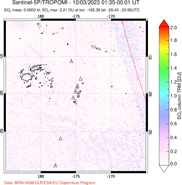 A sulfur dioxide image over Tonga, South Pacific on Oct 03, 2023.