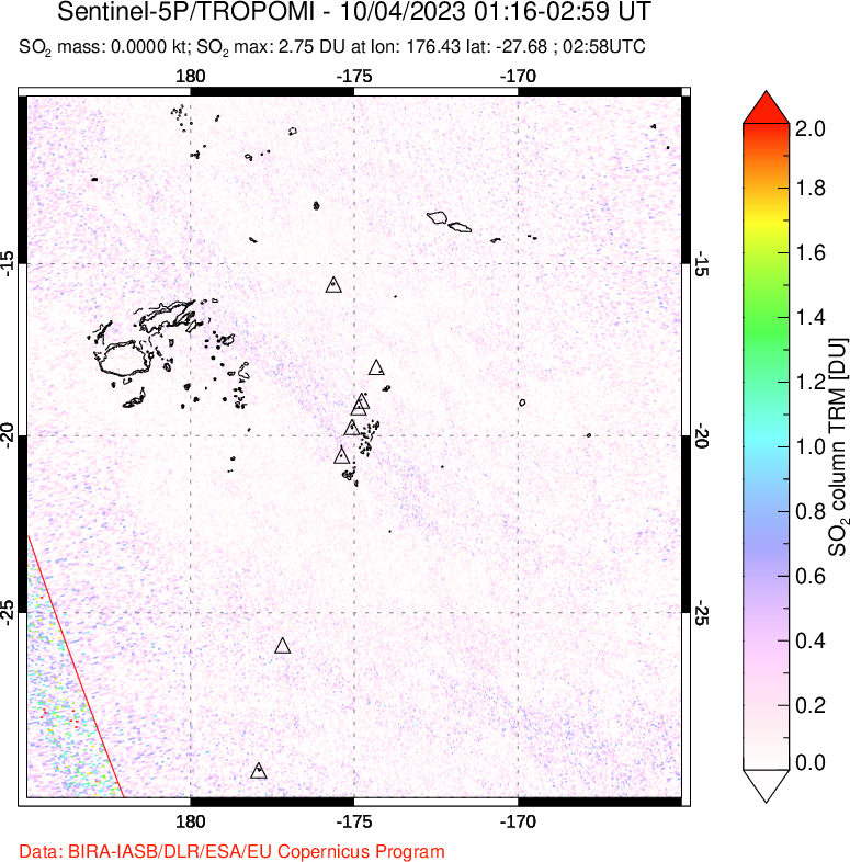 A sulfur dioxide image over Tonga, South Pacific on Oct 04, 2023.