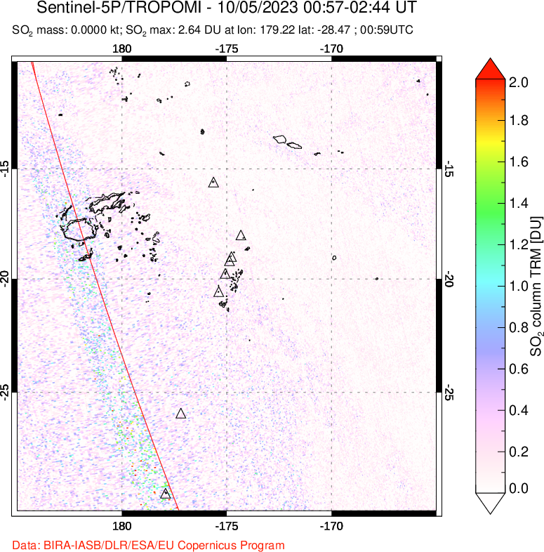 A sulfur dioxide image over Tonga, South Pacific on Oct 05, 2023.