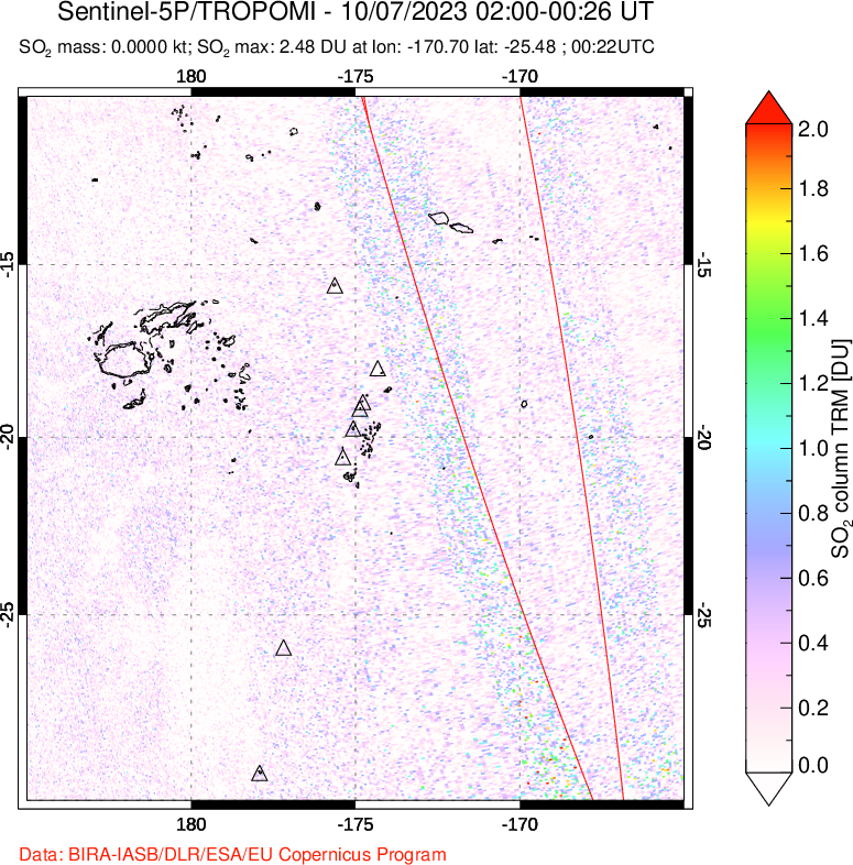 A sulfur dioxide image over Tonga, South Pacific on Oct 07, 2023.