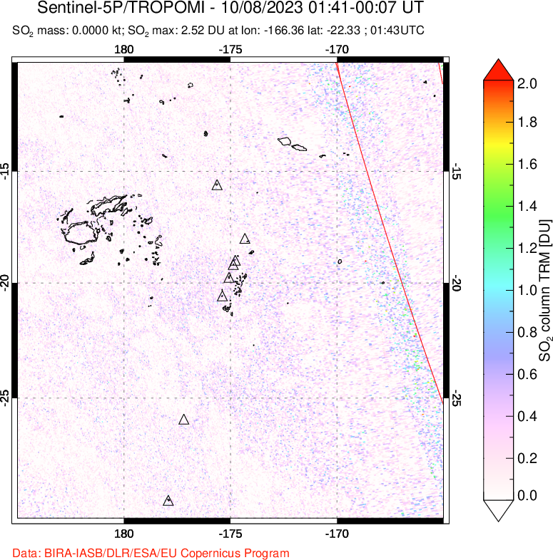 A sulfur dioxide image over Tonga, South Pacific on Oct 08, 2023.