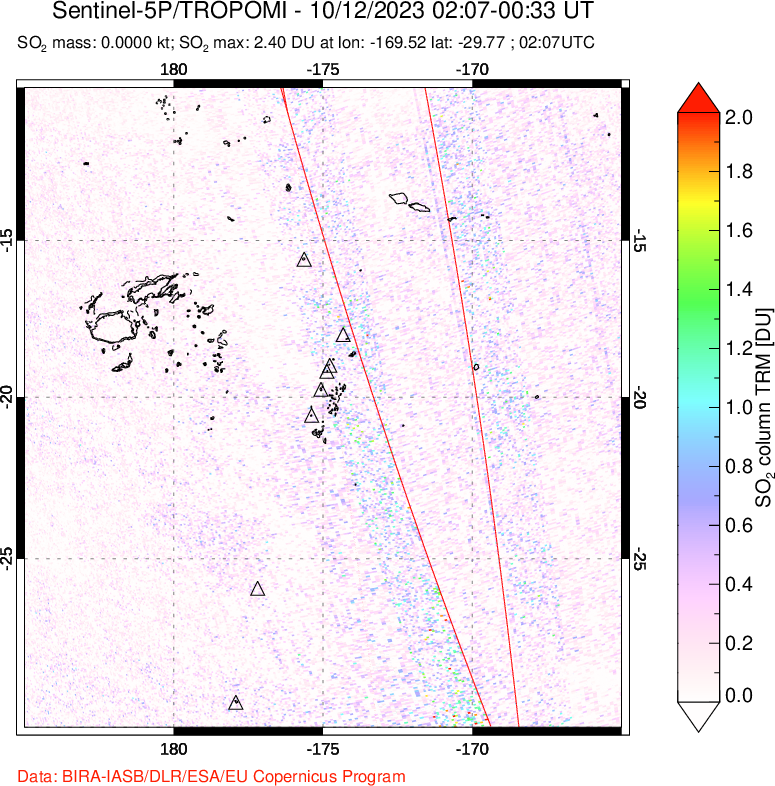 A sulfur dioxide image over Tonga, South Pacific on Oct 12, 2023.