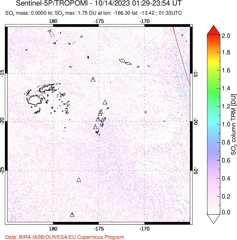 A sulfur dioxide image over Tonga, South Pacific on Oct 14, 2023.