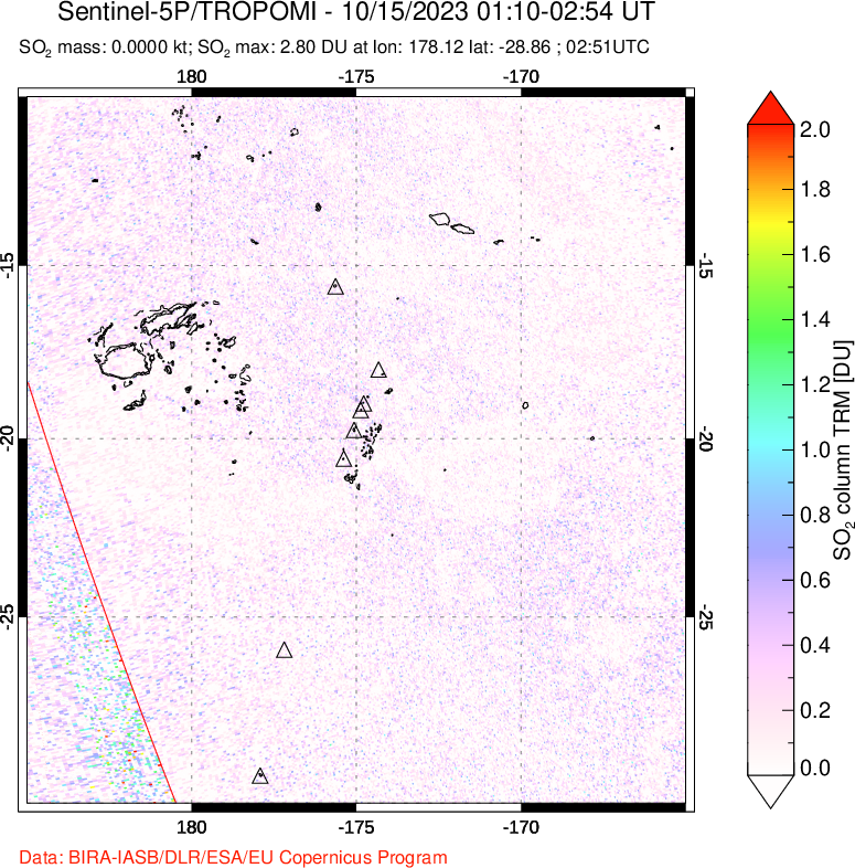 A sulfur dioxide image over Tonga, South Pacific on Oct 15, 2023.