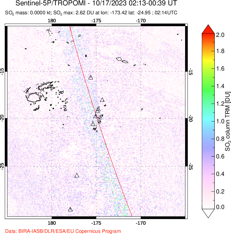 A sulfur dioxide image over Tonga, South Pacific on Oct 17, 2023.