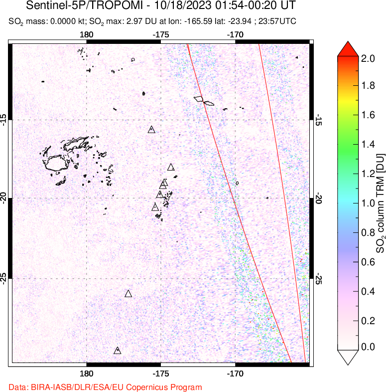 A sulfur dioxide image over Tonga, South Pacific on Oct 18, 2023.