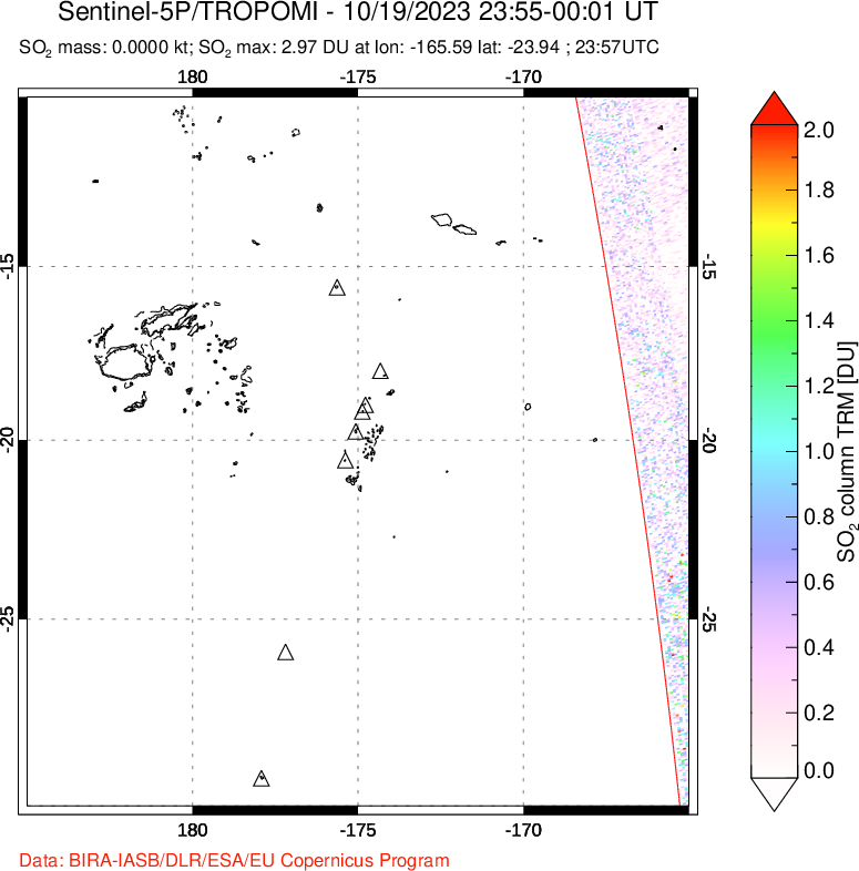 A sulfur dioxide image over Tonga, South Pacific on Oct 19, 2023.