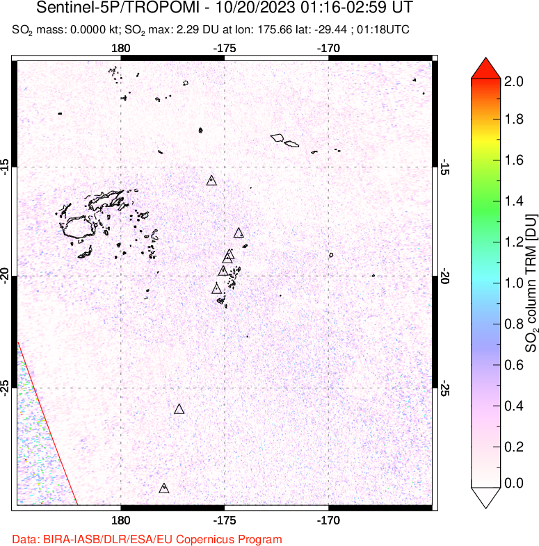 A sulfur dioxide image over Tonga, South Pacific on Oct 20, 2023.