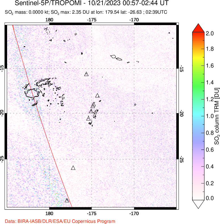 A sulfur dioxide image over Tonga, South Pacific on Oct 21, 2023.