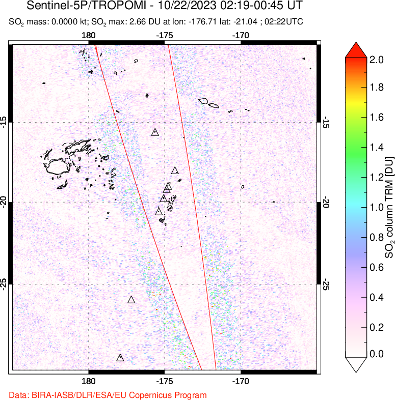 A sulfur dioxide image over Tonga, South Pacific on Oct 22, 2023.