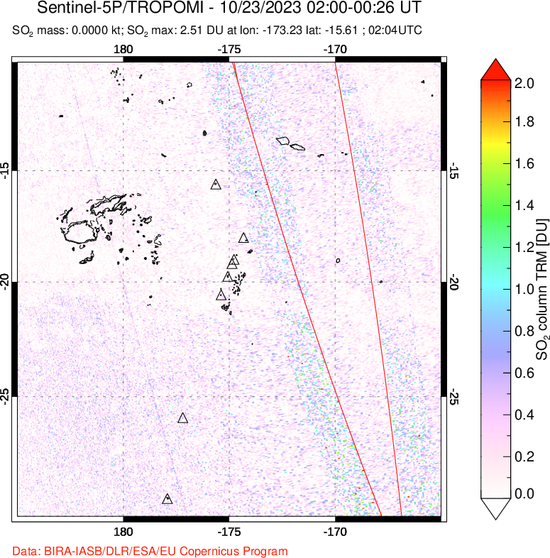 A sulfur dioxide image over Tonga, South Pacific on Oct 23, 2023.