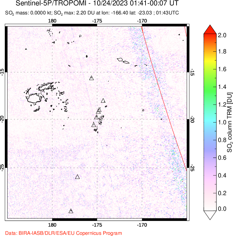 A sulfur dioxide image over Tonga, South Pacific on Oct 24, 2023.