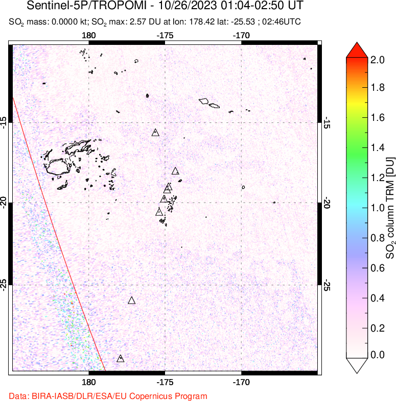 A sulfur dioxide image over Tonga, South Pacific on Oct 26, 2023.