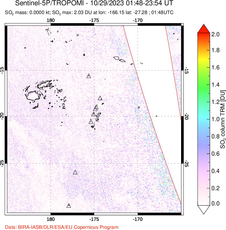 A sulfur dioxide image over Tonga, South Pacific on Oct 29, 2023.