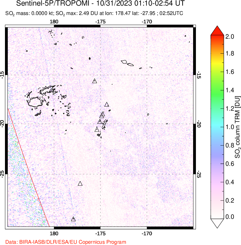 A sulfur dioxide image over Tonga, South Pacific on Oct 31, 2023.