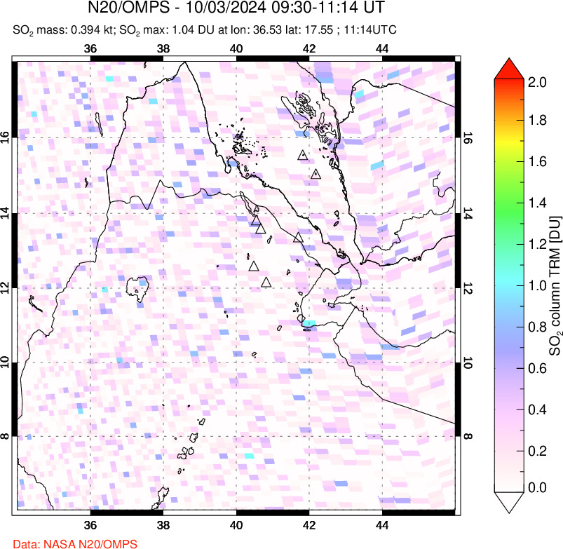 A sulfur dioxide image over Afar and southern Red Sea on Oct 03, 2024.