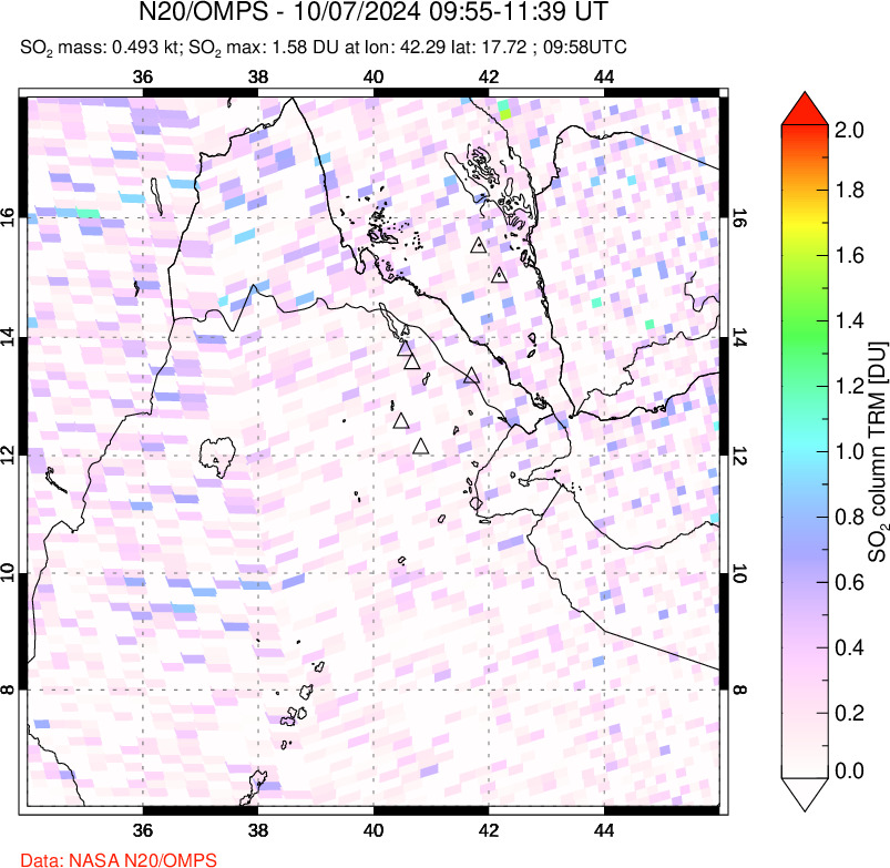 A sulfur dioxide image over Afar and southern Red Sea on Oct 07, 2024.