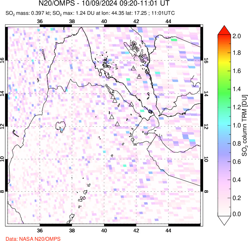 A sulfur dioxide image over Afar and southern Red Sea on Oct 09, 2024.