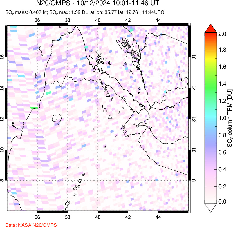 A sulfur dioxide image over Afar and southern Red Sea on Oct 12, 2024.