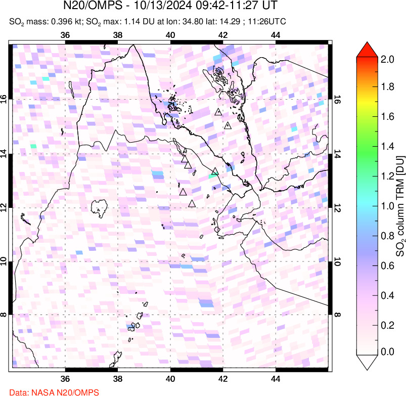 A sulfur dioxide image over Afar and southern Red Sea on Oct 13, 2024.