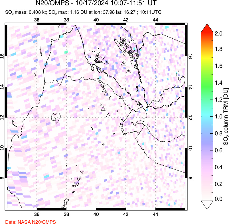 A sulfur dioxide image over Afar and southern Red Sea on Oct 17, 2024.