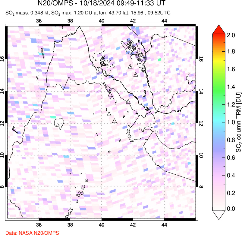 A sulfur dioxide image over Afar and southern Red Sea on Oct 18, 2024.